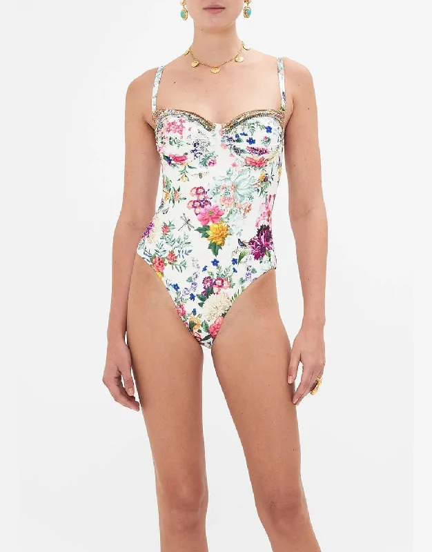 Moisture - wicking  Ruched Cup Underwire One Piece, Plumes And Parterres