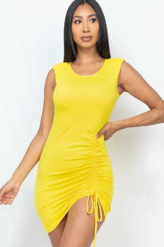 UV - blocking  Sleeveless Shoulder Pad Drawstring Ruched Mini Dress