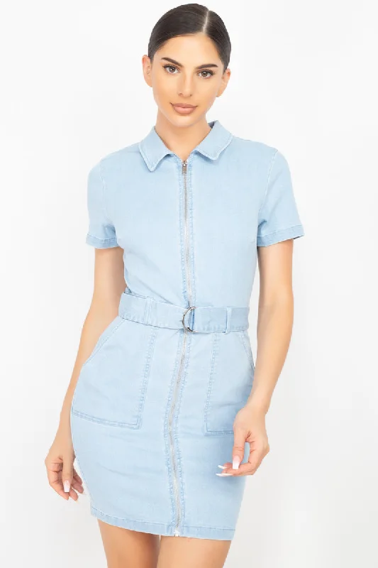 Body - enhancing  Belted Bodycon Collared Denim Dress