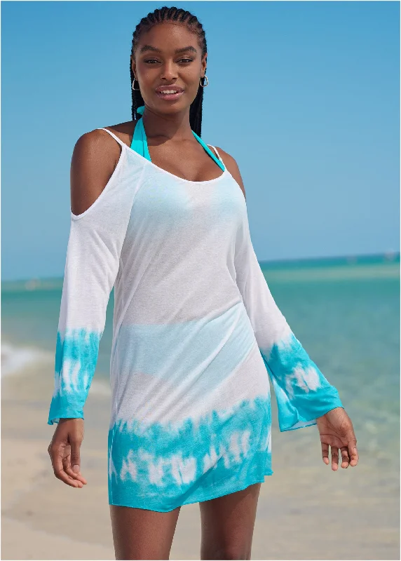 Bohemian - influenced  Cold Shoulder Cover-Up - Aqua & White