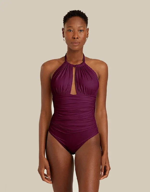 Pool - party - perfect  Ruched Adjustable Halter One Piece Plum