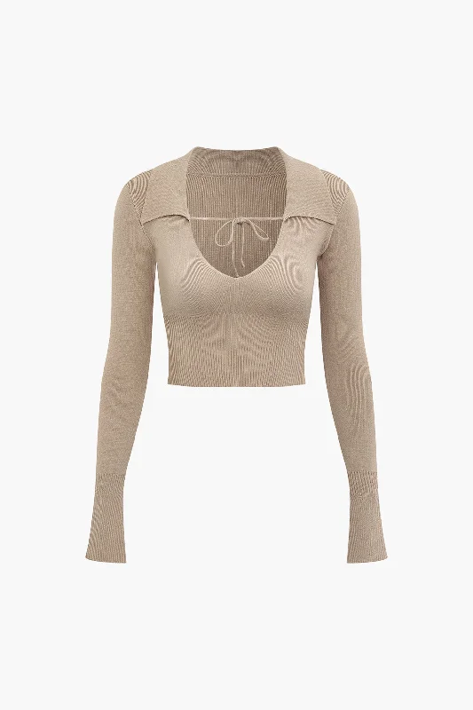 Firm - fitting  Collared V-neck Crop Knit Top