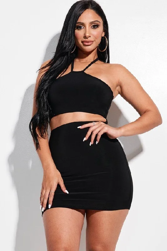 Bust - supporting  Solid Knit Double Layered Halter Neck Mini Dress With Front Cut Out