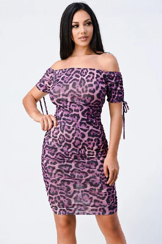 Energetic - looking  Leopard Print Off Shoulder Shirring Bodycon Dress