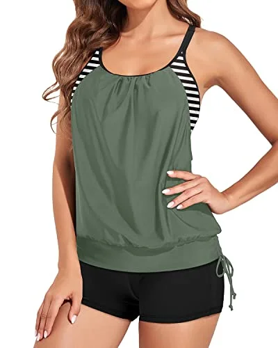 Push Up Women's Tummy Control Swimsuits With Sporty Boyshorts-Army Green