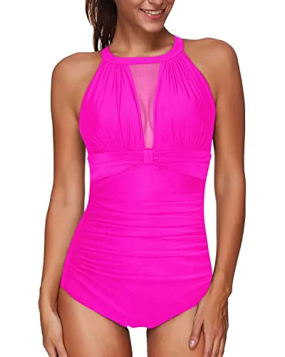 Halter High Neck Mesh Keyhole Back Swimsuit With Tummy Control-Neon Pink