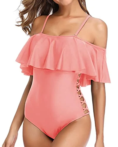 Adjustable Shoulder Spaghetti Straps Ruffle Swimsuits For Women-Coral Pink