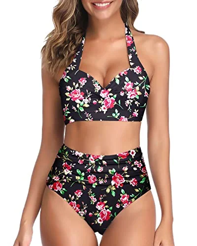 Statement - making  High Waist High-Cut Legs Halter Ruched High Waist Bikini-Black Floral