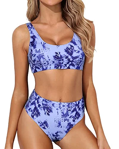 Timeless - classic  Cheeky High Waisted Bikini Bottoms Sports Two Piece Bikini For Women-Blue Tie Dye
