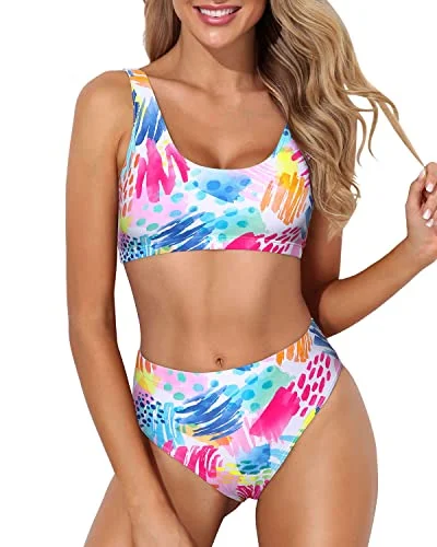 Chic  High Cut Bikini Support Sports Two Piece Bikini For Women-Colorblock