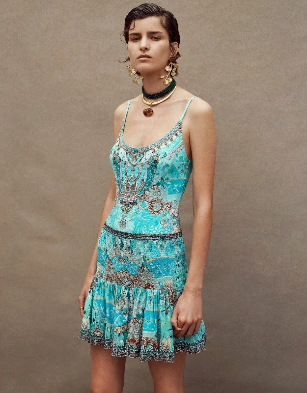 Tropical - themed  Short Shirred Silk Skirt, Turn Back Time
