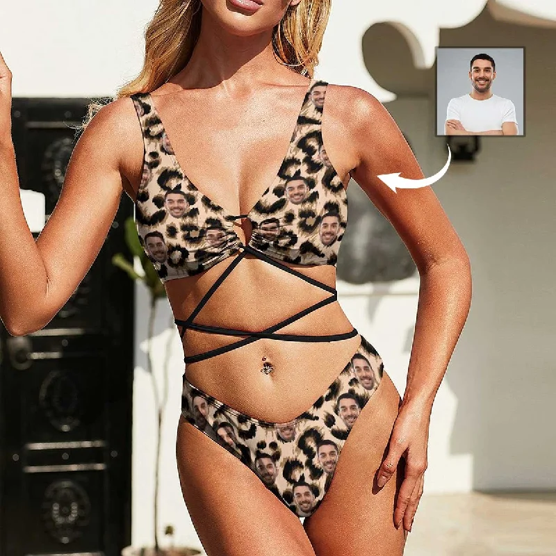 Decoration - rich  Custom Face Leopard Tie Bond Low Waisted Bikini Bathing Suit Personalized Women's Two Piece Swimsuit Beach Outfits