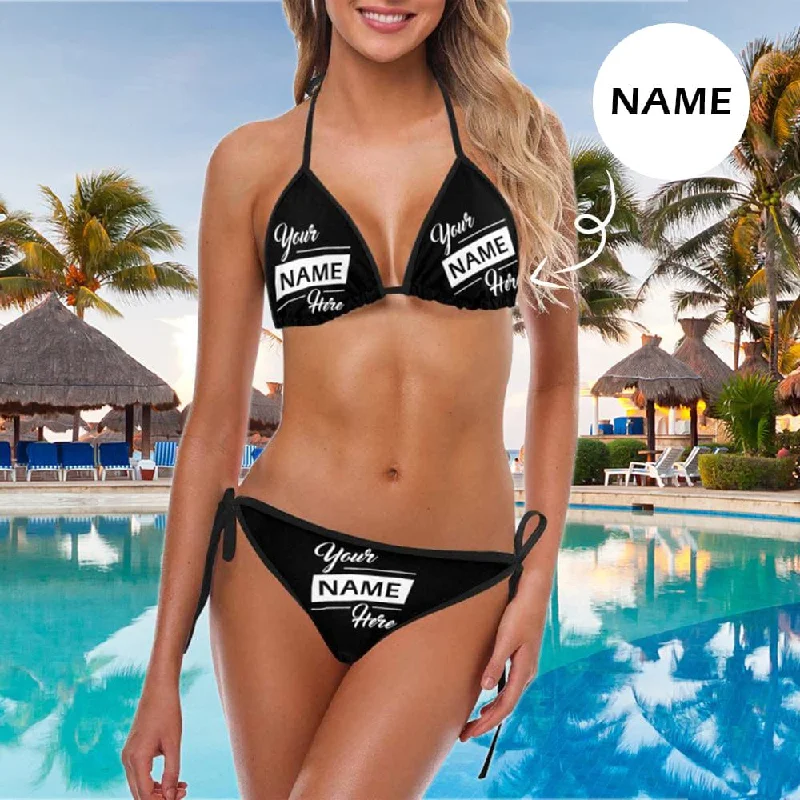 Color - coordinated  Custom Name Baby Here String Halter Tie Side Low Waisted Triangle Bikini Personalized Bathing Suit Women's Two Piece Swimsuit Summer Beach Pool Outfits