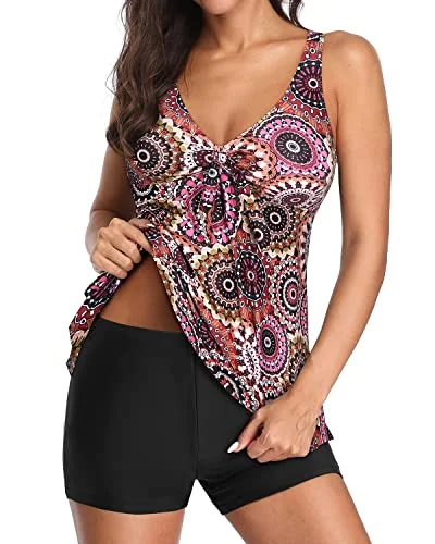 Breathable - fabric  V Neck Tankini Bathing Suits Removable Padded Bras For Women-Brown Print