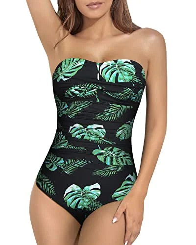 Affordable - priced  Women's Strapless Bandeau Bathing Suit Tummy Control One Piece Swimsuit-Black And Green Leaf